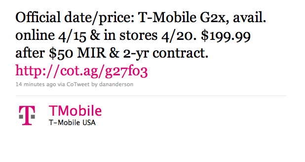 tmobile g2x release date. T-Mobile G2X release date