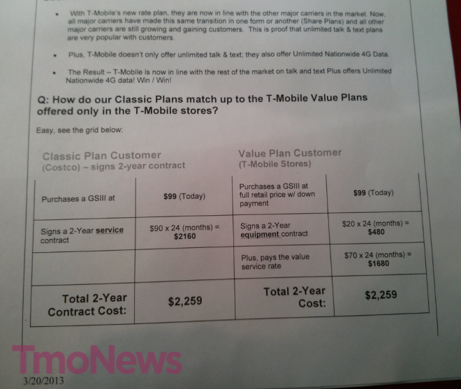Costco Training Doc Compares Classic Plan Versus Value Plan Pricing For TMobile TmoNews
